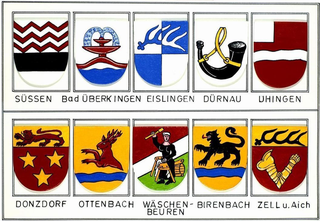 Wappen der Städte und Dörfer in der Umgebung von Burg Wäscherschloss